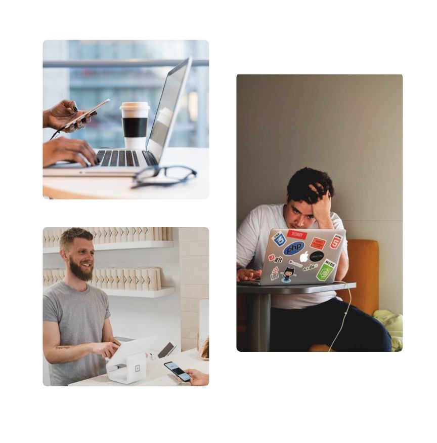 Compilation of photos from left to right: a woman’s right hand is placed on top of a laptop keyboard while the left hand is holding a phone, a man holds his head while analyzing cloud solutions from his laptop Below: a man is smiling while talking to another person.
